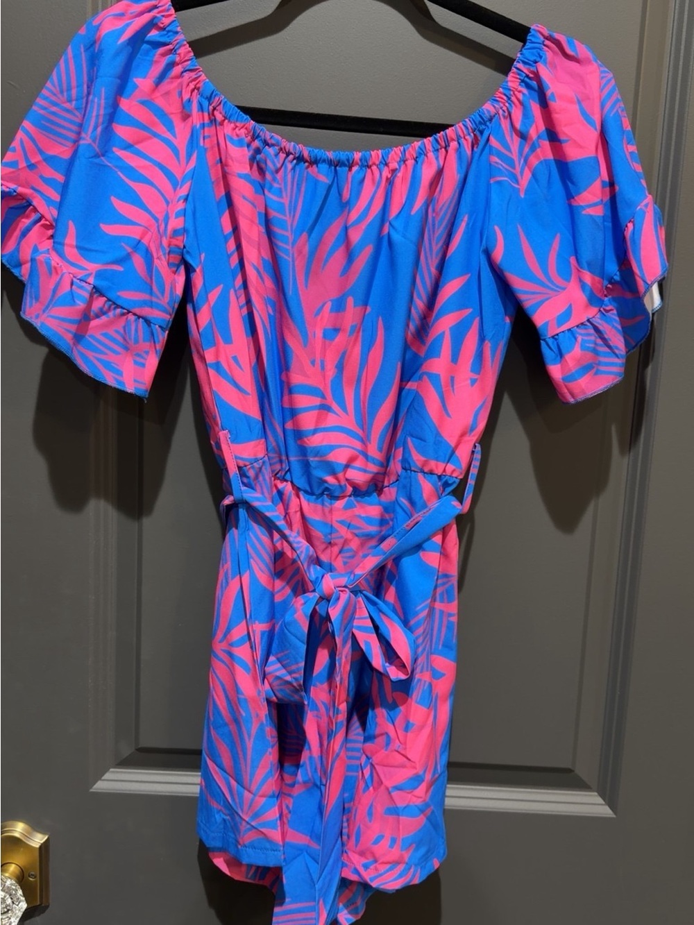 SHEIN Blue and Hot Pink Tropical Off-Shoulder Romper